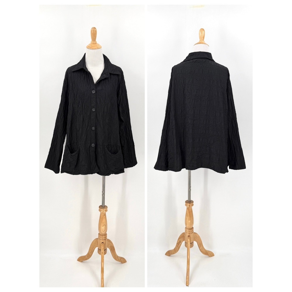 DRESSED TO KILL Button Jacket Women One Size Black Lagenlook Textured Crinkle